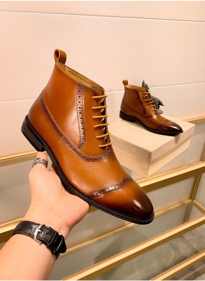 General - Men's Retro Fashion Shiny Pointed Toe Boots Low Heel Lace Up Casual And Comfortable Printed Short Boots Leather Shoes - Image 1