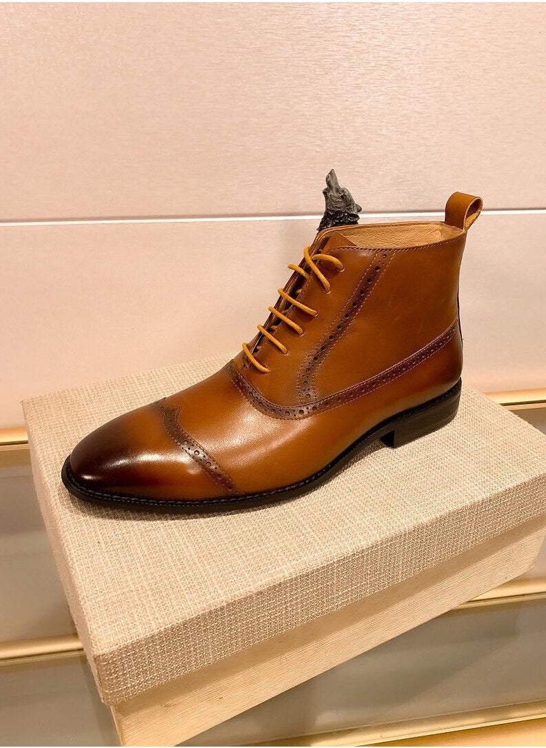 General - Men's Retro Fashion Shiny Pointed Toe Boots Low Heel Lace Up Casual And Comfortable Printed Short Boots Leather Shoes - Image 1