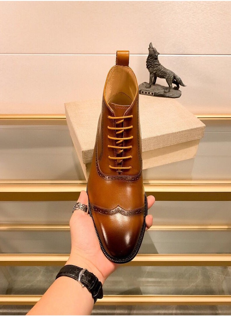 General - Men's Retro Fashion Shiny Pointed Toe Boots Low Heel Lace Up Casual And Comfortable Printed Short Boots Leather Shoes - Image 1