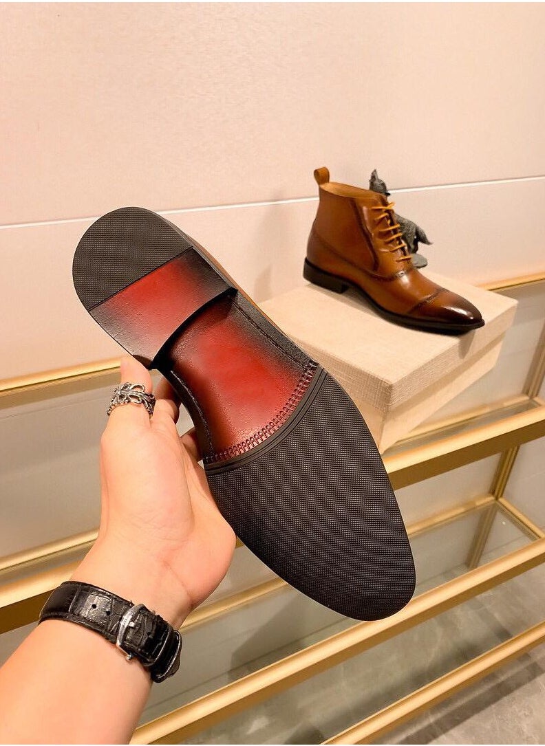 General - Men's Retro Fashion Shiny Pointed Toe Boots Low Heel Lace Up Casual And Comfortable Printed Short Boots Leather Shoes - Image 1