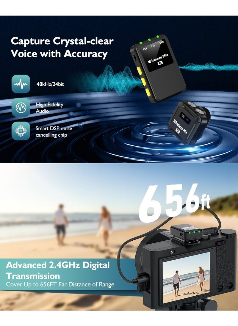 LAESO - Wireless Lavalier Microphone (2 TX + 1RX + Charging Case) for DSLR Camera iPhone Android PC 656FT Range Professional Lapel Mic Wireless with 48KHZ/24Bit Clear Voice, 30Hours Vlogging - Image 1