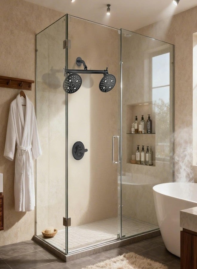 Proox Double Shower Head with Built-in Valve, High Pressure 6 Setting Dual Shower Head Design for Couple on Walk-in Bathroom or Single on Bathtub Bathroom - Matte Black - Image 2