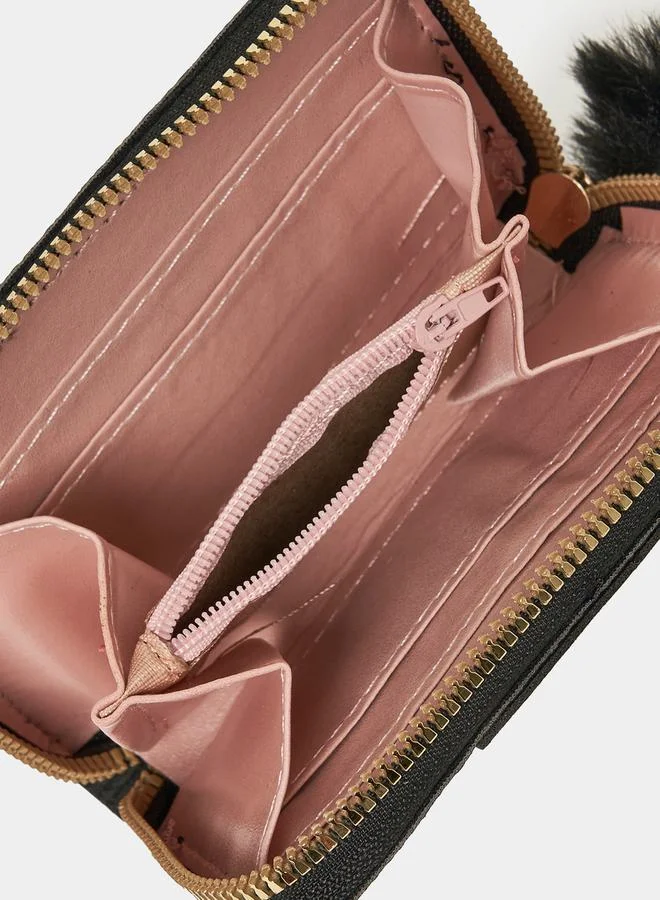 Styli Printed Zip Wallet with Pompom Detail