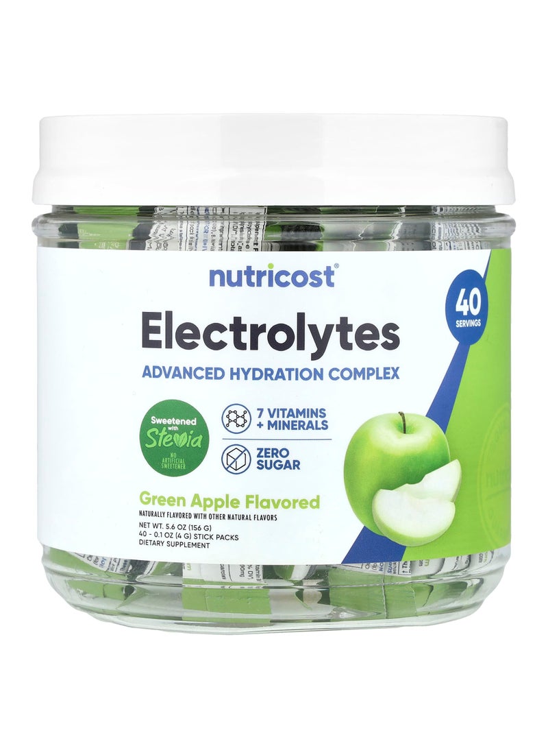 Nutricost Electrolytes, Advanced Hydration Complex, Green Apple , 40 Stick Packs, 0.1 oz (4 g) Each