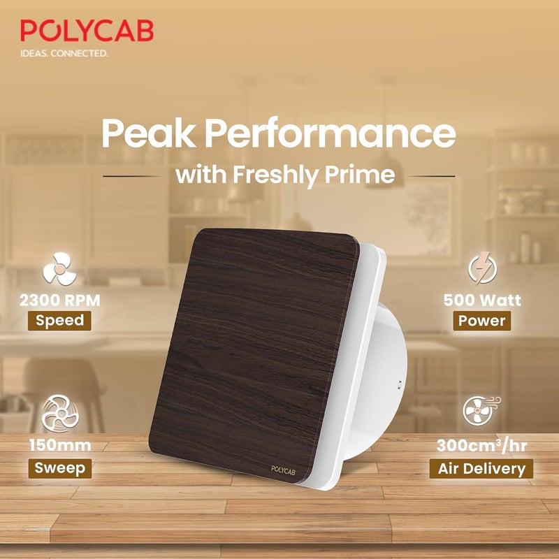 Polycab مروحة طرد هواء بوليكاب فريشلي برايم 150 مم للمطبخ والحمام تصميم أنيق بدون ضوضاء سهل التنظيف سرعة عالية محرك قوي 100 لف نحاسي ضمان 3 سنوات بتشطيب خشبي - Image 5