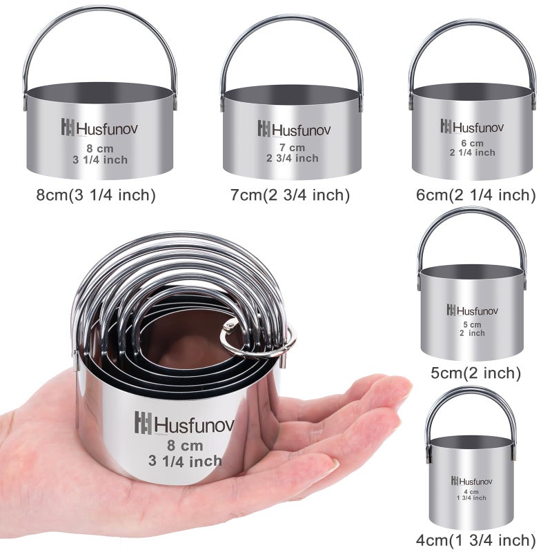 Husfunov Biscuit Cutter Set Round Cookie Cutters with Handle 5 Pieces Stainless Steel Circle Professional Baking Dough Tools for Cake - Image 2