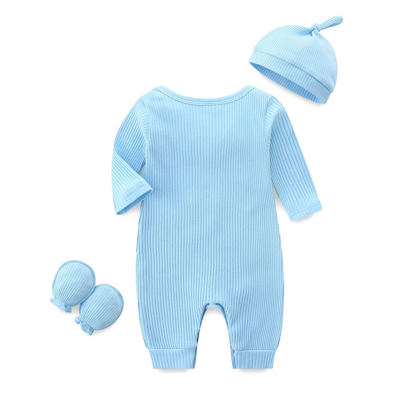 Bibimom Infant Boy Clothes 0-3 Months Knit Round Crew Neck Snap Closure Blue Romper - Image 2