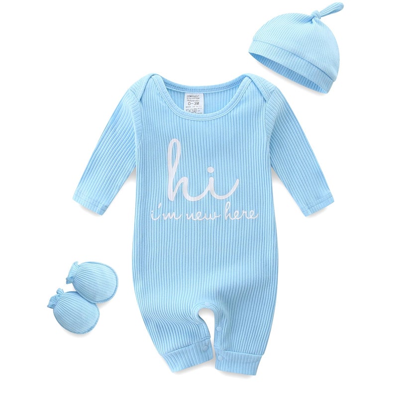 Bibimom Infant Boy Clothes 0-3 Months Knit Round Crew Neck Snap Closure Blue Romper - Image 1