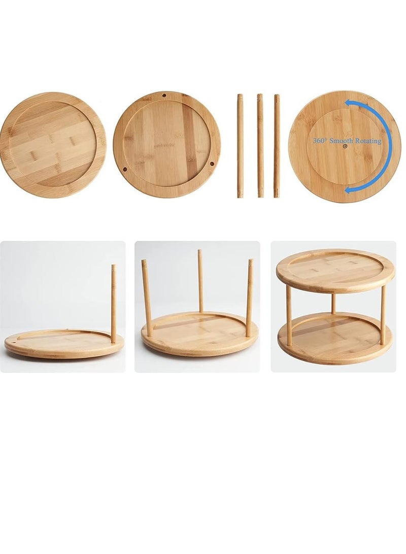 كيلا منظم خزانة دائري من الخيزران مكون من رفين قابلين للإزالة ودرج دوار لخزانة المطبخ متعدد الأغراض ورف من الخشب الصلب وأداة منزلية ومنظم خزانة - Image 3