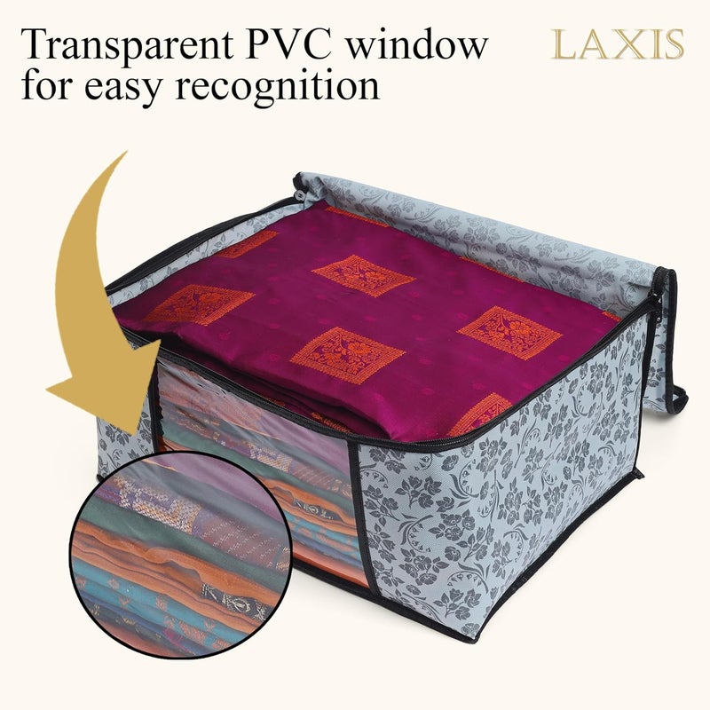 LAXIS LAXIS Saree Covers With Zip NonWoven Printed Saree CoverSaree Organizer For WardrobeCloth StorageOrganizer With Transparent WindowSaree Bags StorageClothes Organizer Grey Pack of 3  - Image 5