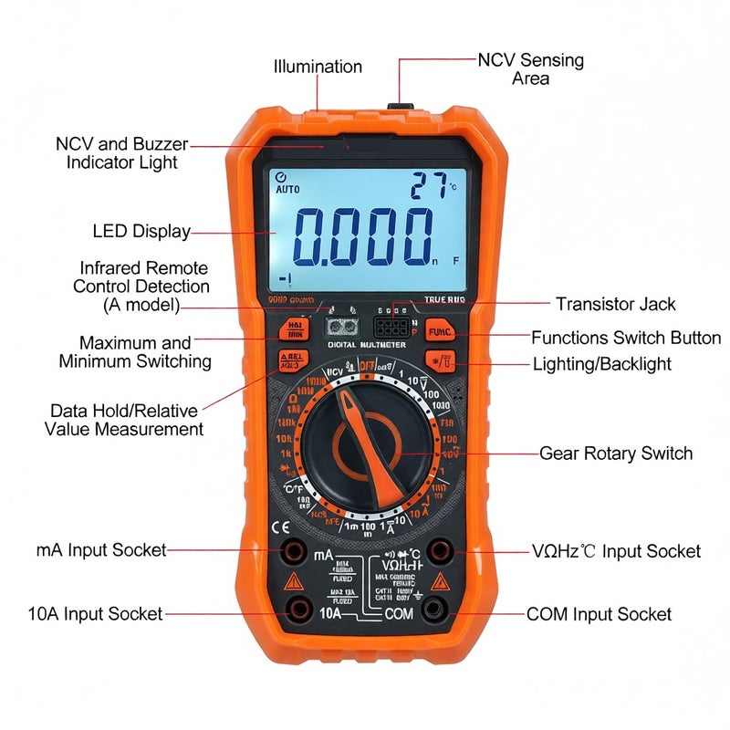 مقياس رقمي NJTY T58A 9999 عدّ – مقياس جهد تيار متردد/تيار مستمر – أداة كهرباء محترفة لقياس السعة - Image 5