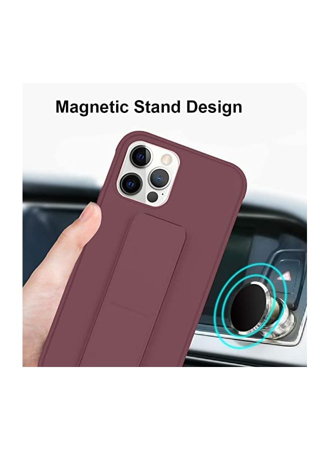 S-TOP Iphone 14 Pro Mobile Case With Magnetic Stand And Holder Hand Strap Grip Premium Silicone Magnetic Car Mount Cover Foldable Kickstand Case Finger Grip Cover Maroon - Image 2