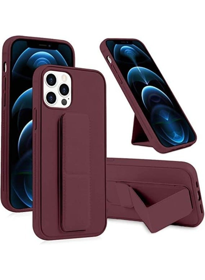 S-TOP Iphone 14 Pro Mobile Case With Magnetic Stand And Holder Hand Strap Grip Premium Silicone Magnetic Car Mount Cover Foldable Kickstand Case Finger Grip Cover Maroon - Image 1