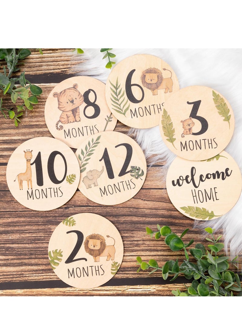 رحام طفل شهريا معلما بطاقة مارك - 7 مزدوجة من جانب الحيوان مارك القرص تصوير الأطفال حديثي الولادة الدعائم ، رحلة الحمل ، الولادة إشعار علامات الرضع الذكور والإناث هدية مجموعات - Image 1