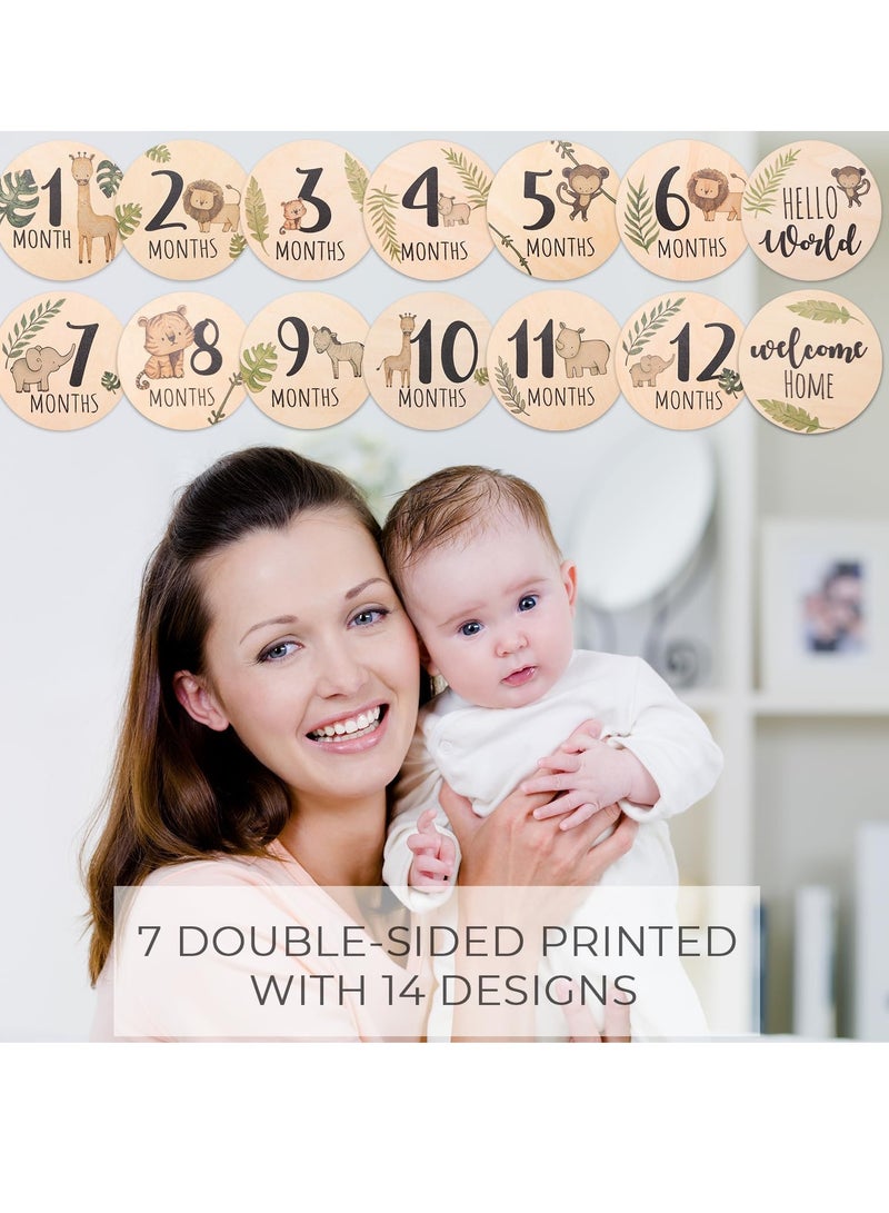 رحام طفل شهريا معلما بطاقة مارك - 7 مزدوجة من جانب الحيوان مارك القرص تصوير الأطفال حديثي الولادة الدعائم ، رحلة الحمل ، الولادة إشعار علامات الرضع الذكور والإناث هدية مجموعات - Image 4