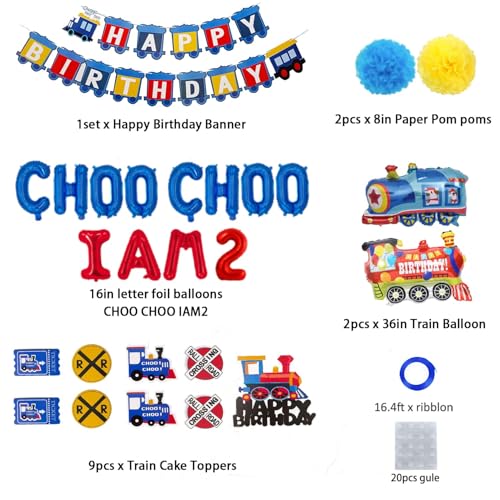 Finypa Choo Choo Im Two Birthday Banner for Two Year Old Boy - Happy Birthday Party Decorations Supplies for Railroad Party - Image 2