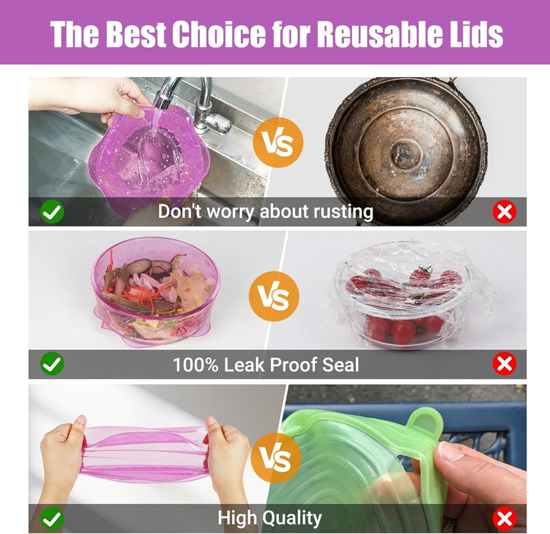 Rottogoon Silicone Stretch Lids for Food Storage in Fridge, Reusable Elastic Bowl Covers for Cup, Cans, Jars, Round & Rectangle Container, Food Grade Silicone Microwave Food Cover, Purple, 6PCS - Image 4