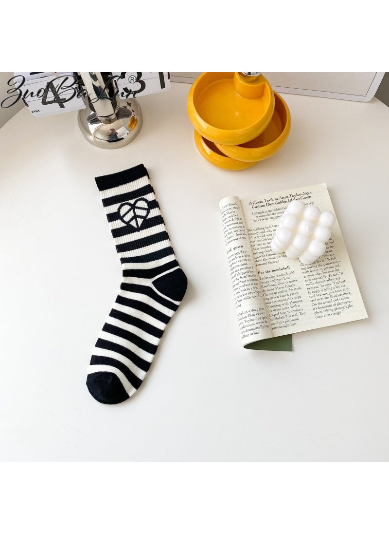 Generic - Unique Versatile Pure Cotton Socks Womens Mid-Calf Black White Japanese Style Autumn/Winter Trendy Sport Cotton Socks Smiling face - Image 1