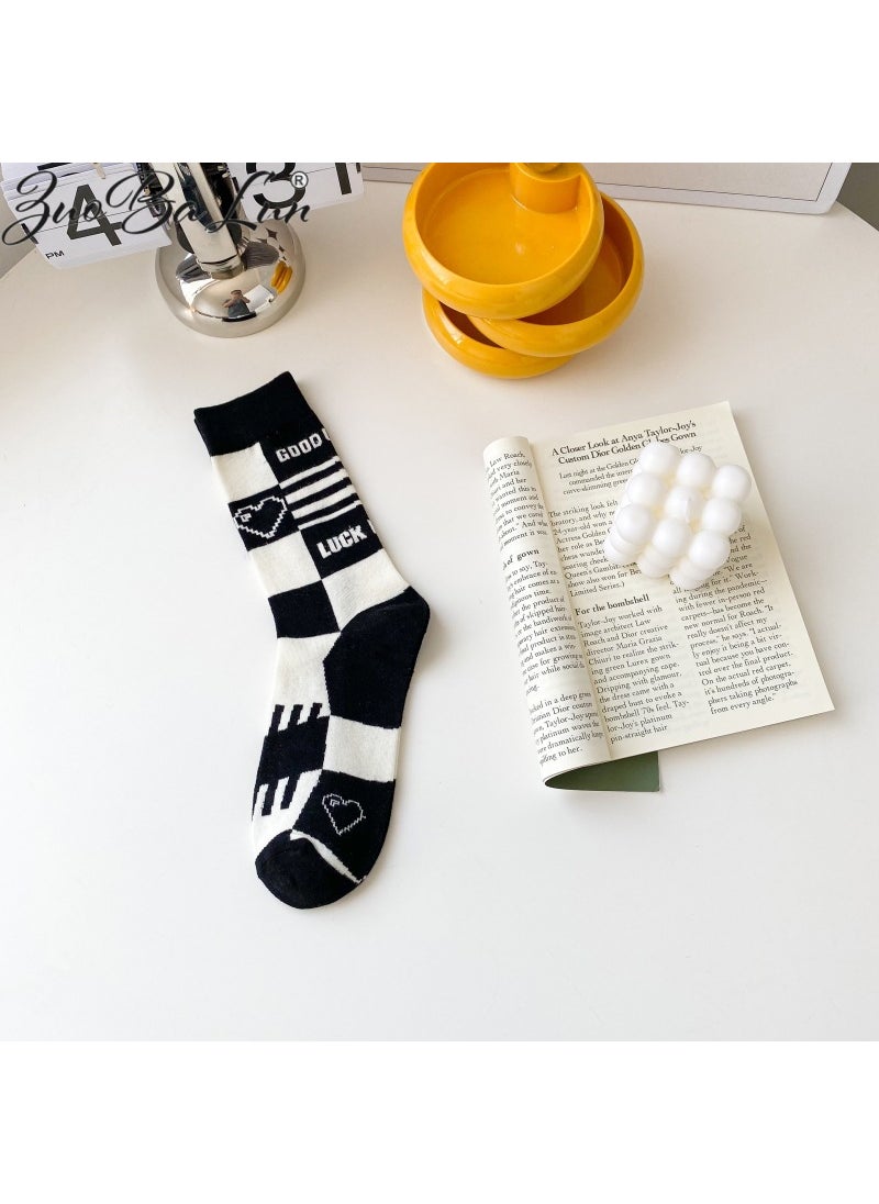 Generic - Unique Versatile Pure Cotton Socks Womens Mid-Calf Black White Japanese Style Autumn/Winter Trendy Sport Cotton Socks Smiling face - Image 1