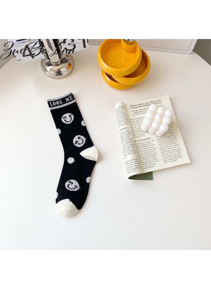 Generic - Unique Versatile Pure Cotton Socks Womens Mid-Calf Black White Japanese Style Autumn/Winter Trendy Sport Cotton Socks Smiling face - Image 1