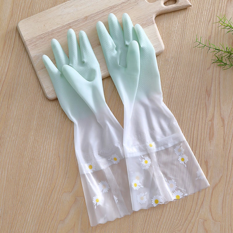 Thick Dishwashing Gloves for WomenTwo-color green wide-mouth Daisy Two-color green wide-mouth Daisy 