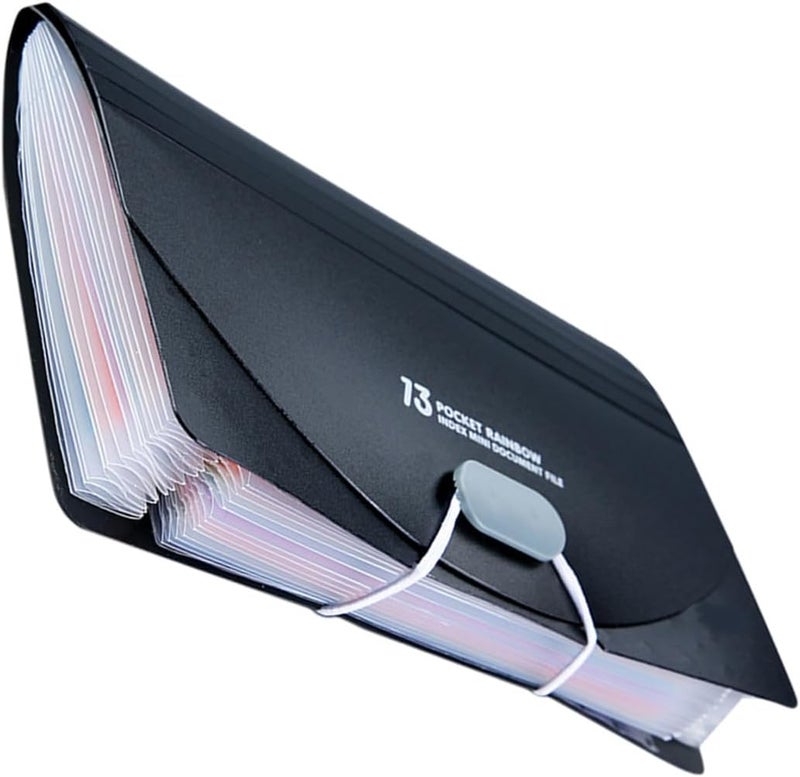 Expandable A6 Accordion File Organizer Folder, 13-Pocket Mini Bill Folder with Black Exterior and Rainbow Inner Pages, Document Holder, Receipts, and Small Office Papers - Image 1