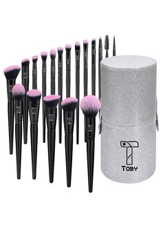 Toby Professional 18-Piece Makeup Brush Set – Glossy Black with Pink Bristles – Multi-Use Face, Eye & Lip Brushes with Luxury Holder – Ideal for Beginners & Professionals  - Image 1