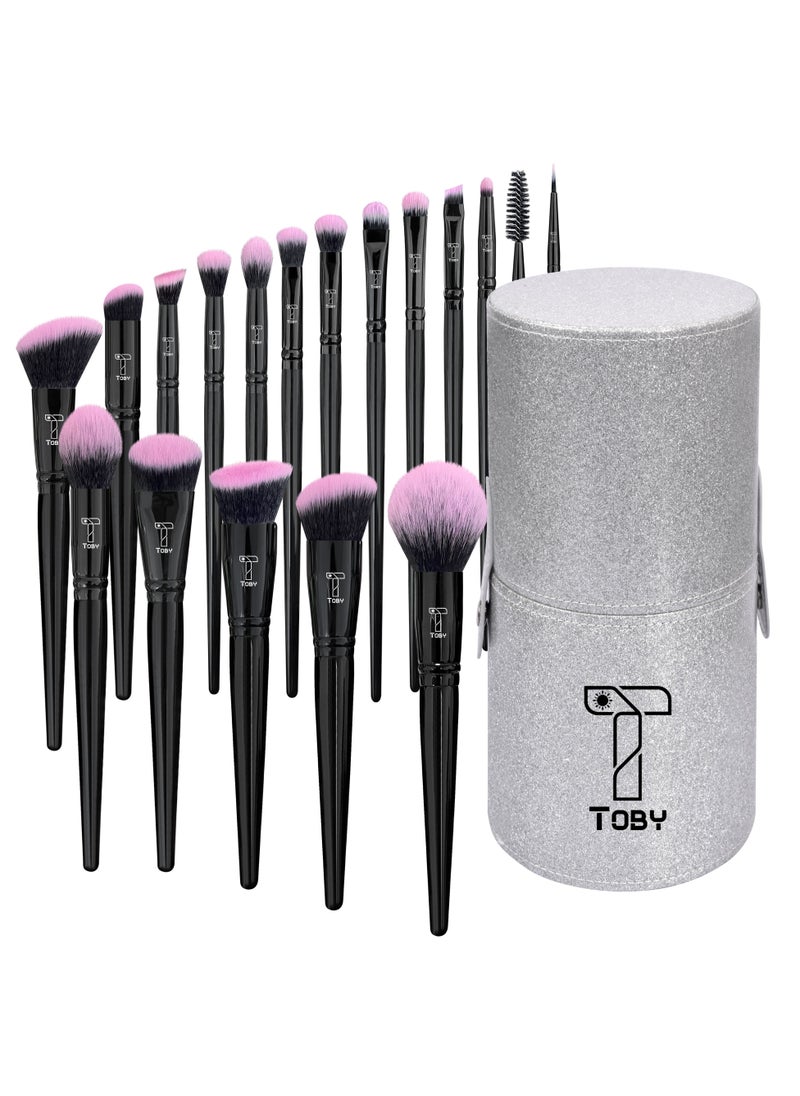 Toby Professional 18-Piece Makeup Brush Set – Glossy Black with Pink Bristles – Multi-Use Face, Eye & Lip Brushes with Luxury Holder – Ideal for Beginners & Professionals  - Image 1