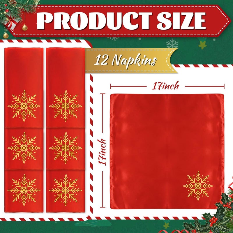JarThenaAMCS 12Pcs Winter Snowflake Cloth Napkin Red Gold Embroidery Snowflake Satin Dinner Napkin Reusable Xmas Kitchen Top Collection for Christmas Home Restaurant 17 x 17 Inch - Image 2