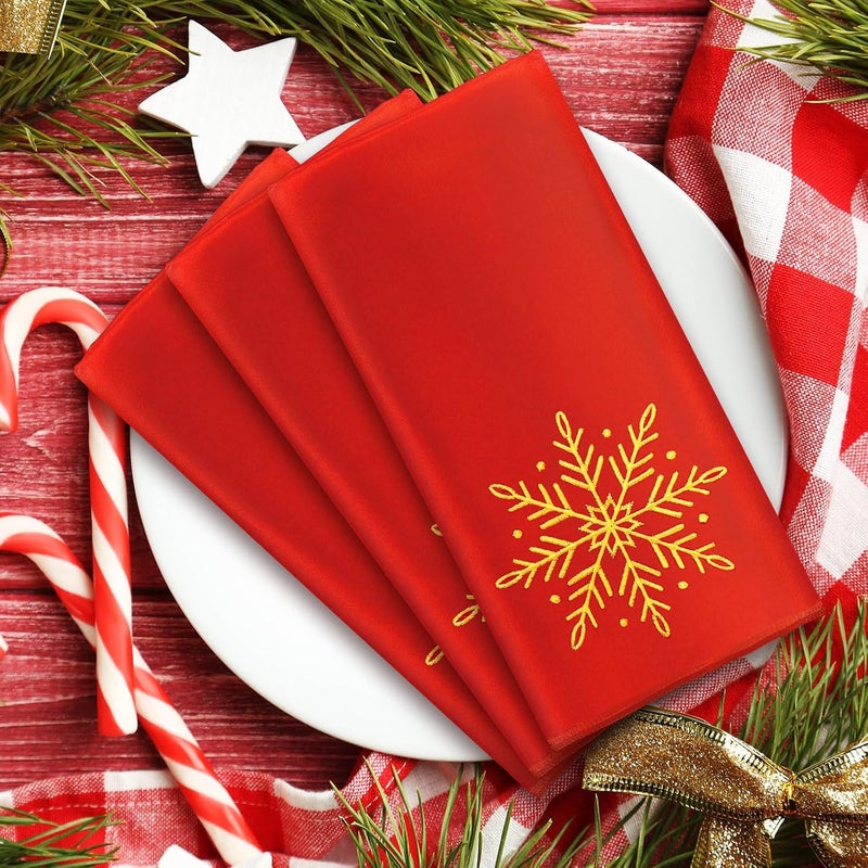 JarThenaAMCS 12Pcs Winter Snowflake Cloth Napkin Red Gold Embroidery Snowflake Satin Dinner Napkin Reusable Xmas Kitchen Top Collection for Christmas Home Restaurant 17 x 17 Inch - Image 4