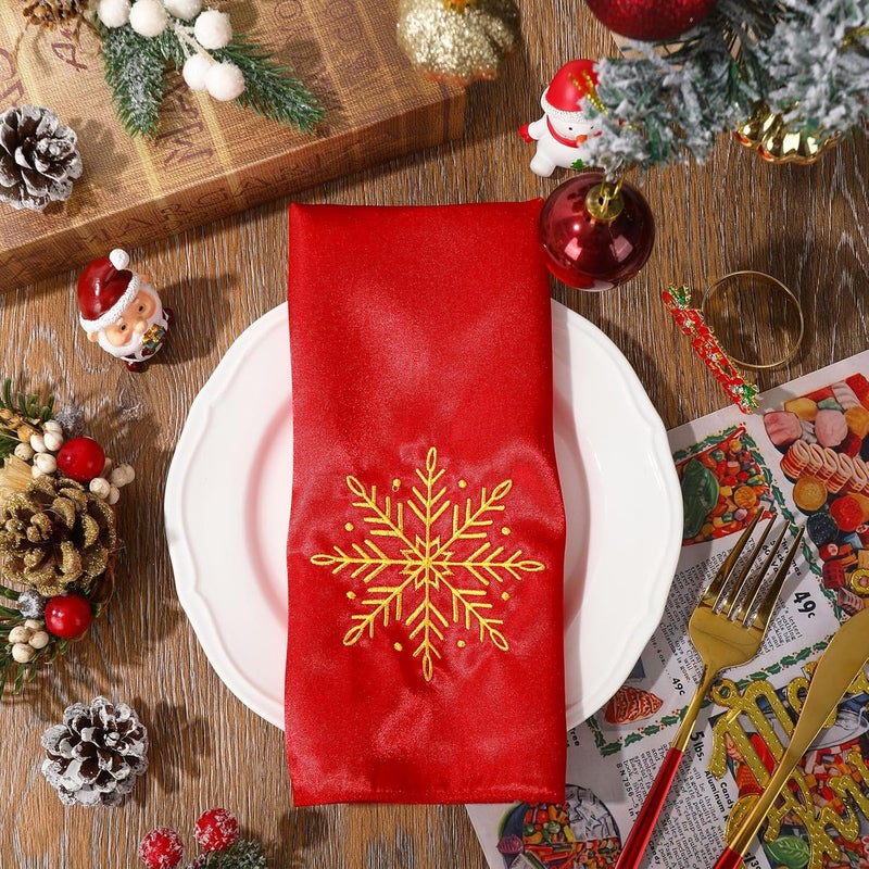 JarThenaAMCS 12Pcs Winter Snowflake Cloth Napkin Red Gold Embroidery Snowflake Satin Dinner Napkin Reusable Xmas Kitchen Top Collection for Christmas Home Restaurant 17 x 17 Inch - Image 3