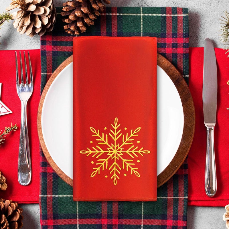 JarThenaAMCS 12Pcs Winter Snowflake Cloth Napkin Red Gold Embroidery Snowflake Satin Dinner Napkin Reusable Xmas Kitchen Top Collection for Christmas Home Restaurant 17 x 17 Inch - Image 5