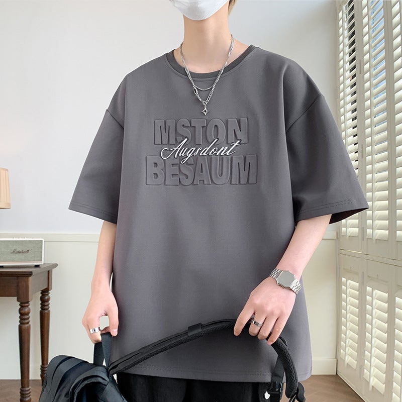 Steel-Printed Letter Printing Trendy Short-Sleeved T-Shirt Men'S Instagram Style Summer Shoulder Thin Breathable Retro Loose Casual Top - Image 3