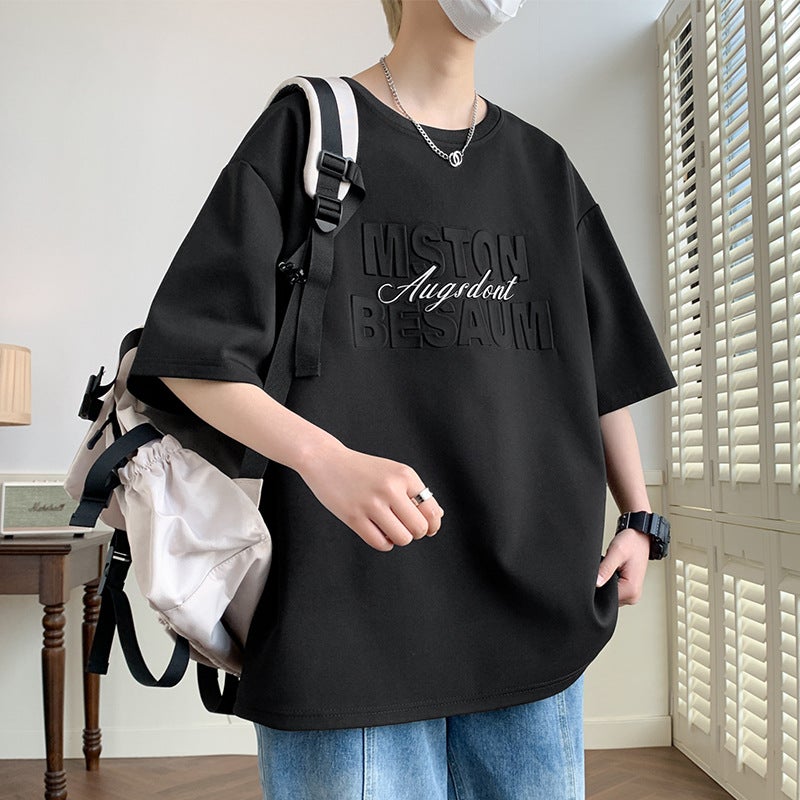 Steel-Printed Letter Printing Trendy Short-Sleeved T-Shirt Men'S Instagram Style Summer Shoulder Thin Breathable Retro Loose Casual Top - Image 1