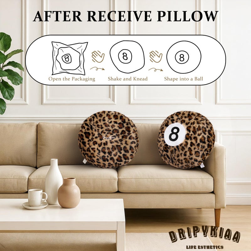 Dripykiaa Cheetah 8 Ball Throw Pillow, 14" Leopard Print 8 Ball Pillow Round Plush Decorative Cushion, Soft Trendy Throw Pillow for Bedroom & Living Room, Modern Aesthetic Home Decor for Women & Teens - Image 2