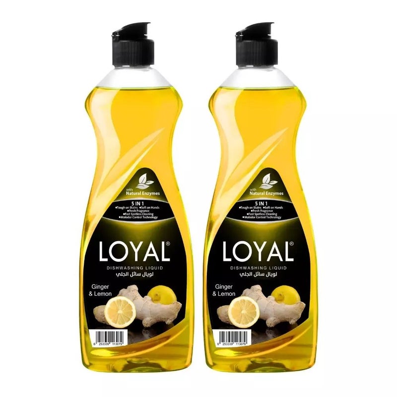 Loyal 5 In 1 Ginger and Lemon Scented Dishwashing Liquid With Natural Enzymes- 2X700ml