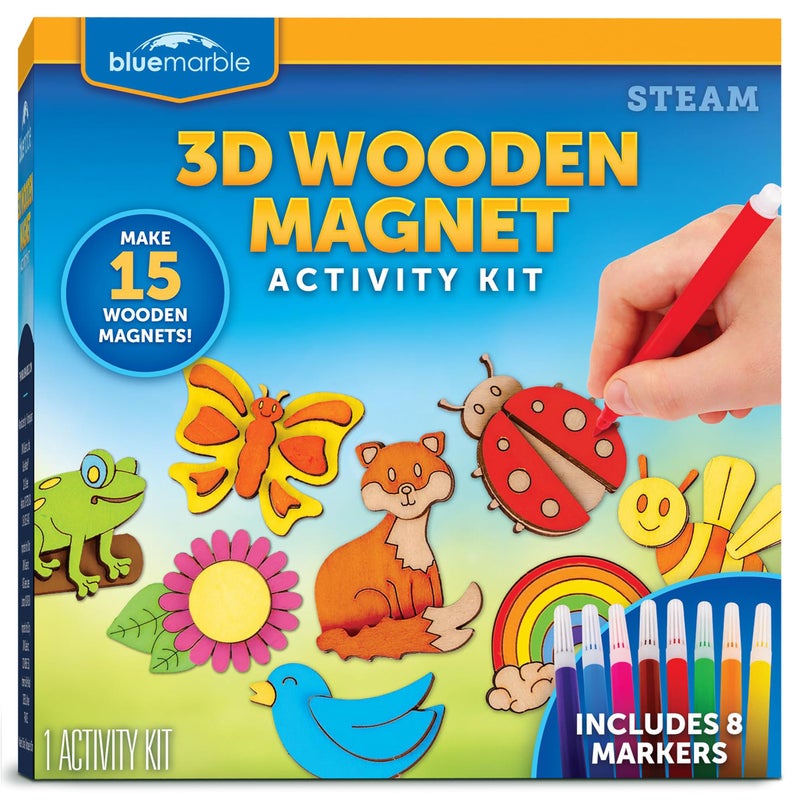 Blue Marble Wooden Magnet Craft Kit Create Paint 15 NatureThemed Designs with 8 Watercolor Pens Art Kit DIY Magnets Project for Kids Painting Activity Easter Basket Stuffers - Image 2