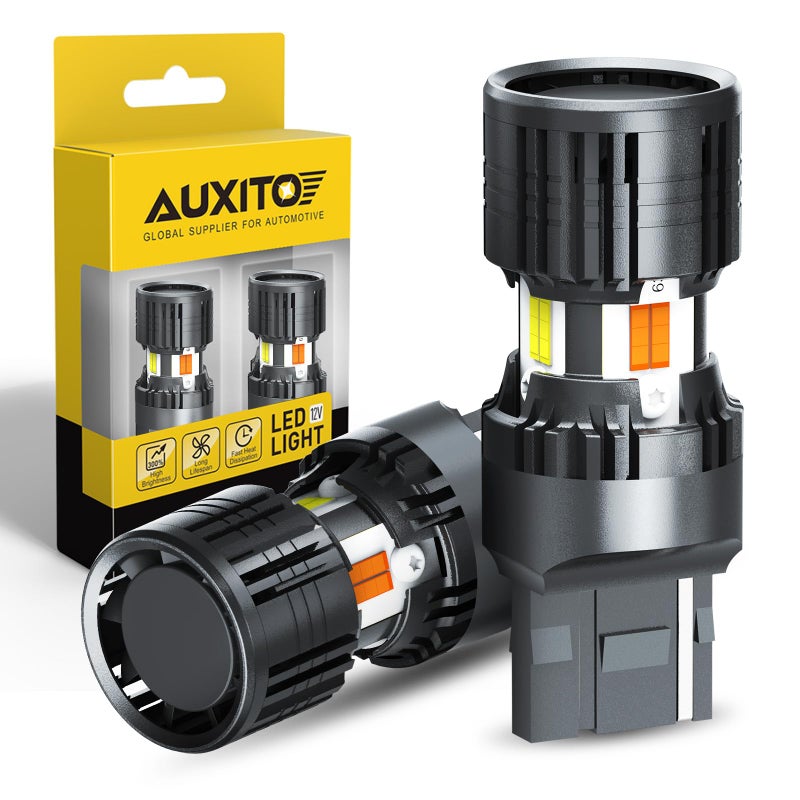 مصابيح LED AUXITO CANBUS 7443 7444NA Switchback مع مقاوم مدمج مضاد لوميض هايبر 7443A 7444NAK T20 أضواء إشارة انعطاف مزدوجة اللون برتقالي وأضواء صف السيارة البيضاء عبوة من 2