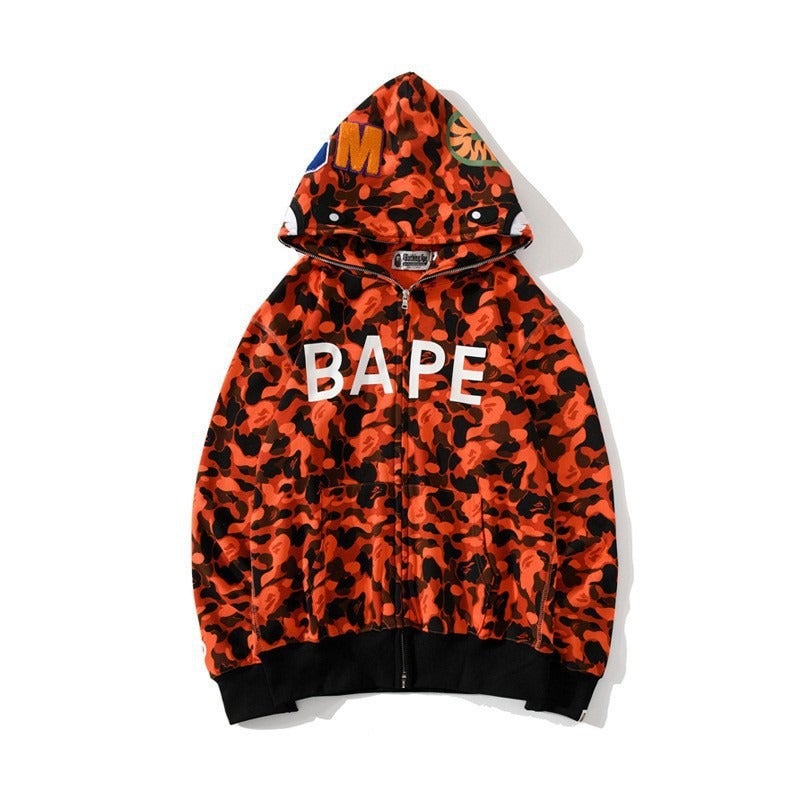 جاكيت كاموفلاج عصري بتصميم مميز من Bape مع طبعة ثلاثية الأبعاد لسمكة القرش، سترة بغطاء رأس وسحاب للرجال والنساء