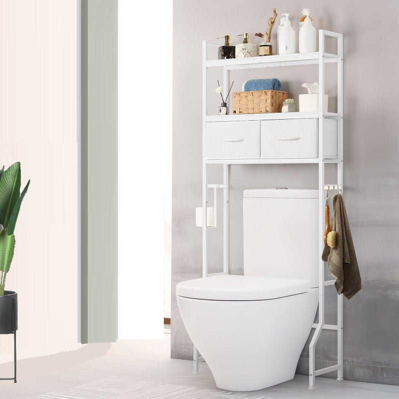 ETELI Over The Toilet Storage Cabinet with Fabric Drawers 3Tier Over Toilet Bathroom Organizer Behind Toilet Bathroom Shelf Organizer with 4 Hooks Freestanding Bathroom Space Saver White