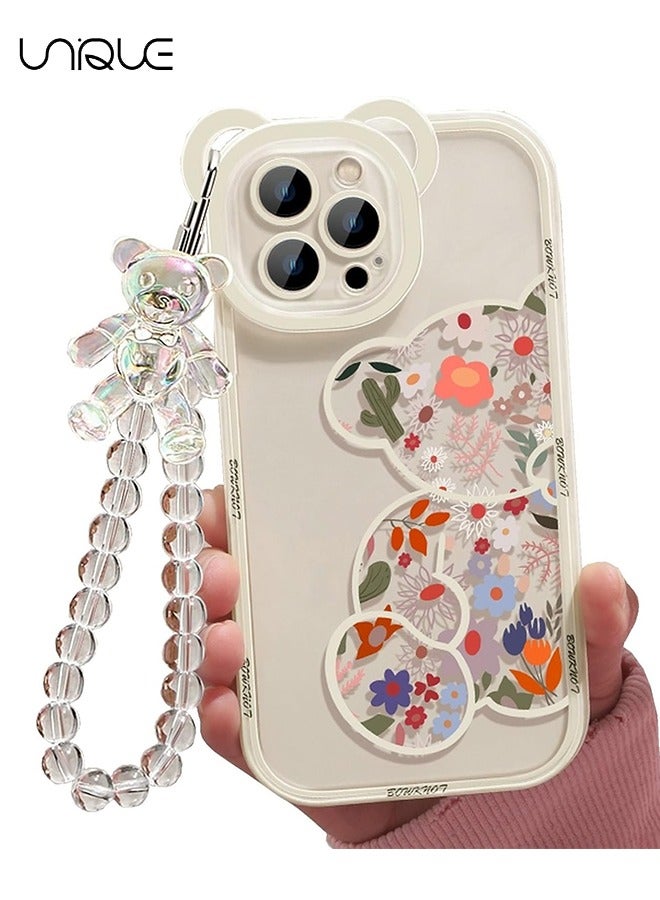 يونيك متوافق مع جراب آيفون 16 برو - غطاء حافظة كاميرا دب زهور لطيفة مع غطاء حافظة شفافة مع حزام جميل سوار سلسلة بنات نسائي لهاتف iPhone 16 Pro - Image 1