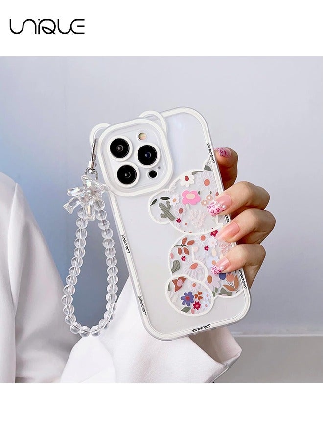 يونيك متوافق مع جراب آيفون 16 برو - غطاء حافظة كاميرا دب زهور لطيفة مع غطاء حافظة شفافة مع حزام جميل سوار سلسلة بنات نسائي لهاتف iPhone 16 Pro - Image 4