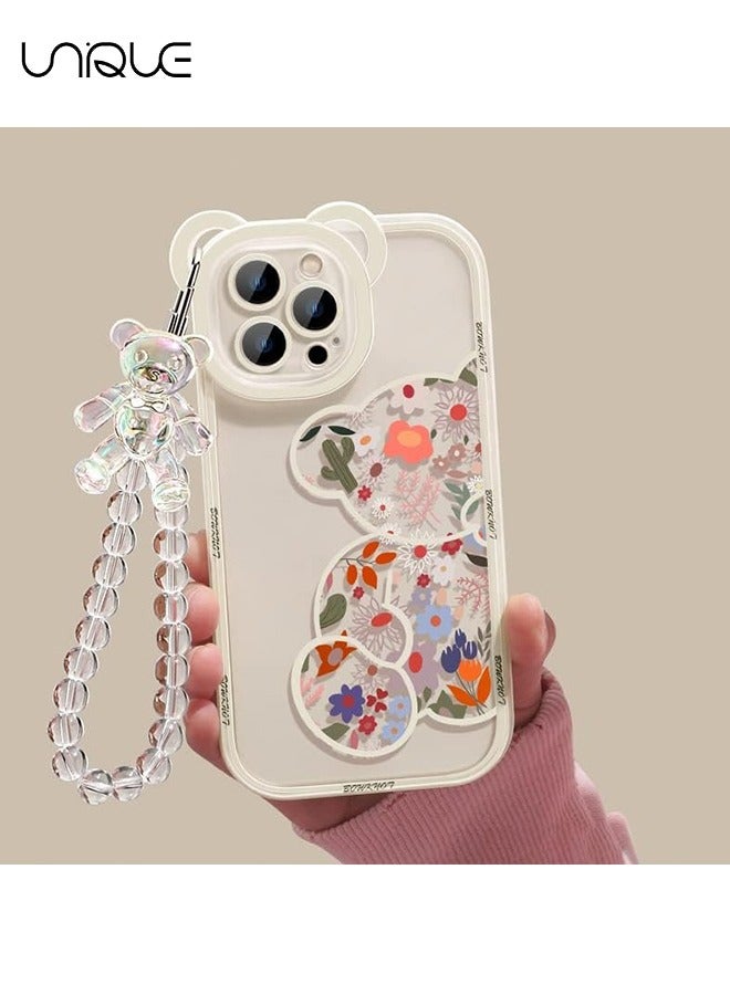 يونيك متوافق مع جراب آيفون 16 برو - غطاء حافظة كاميرا دب زهور لطيفة مع غطاء حافظة شفافة مع حزام جميل سوار سلسلة بنات نسائي لهاتف iPhone 16 Pro - Image 5