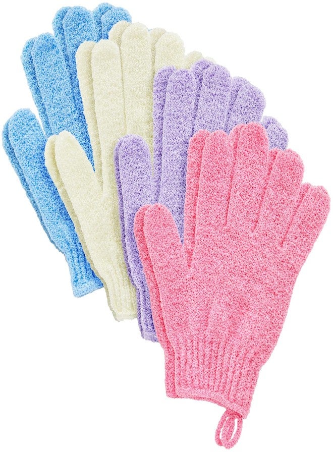 Juvale 4 Pairs Body Exfoliating Gloves for Shower, Bath Scrub Wash Mitt for Women, Men, Spa, Massage (Pink, Purple, Blue, Beige) - Image 1