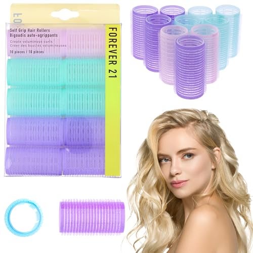 FOREVER 21 10pc Purple Blue Gentle Grip Hair Roller Set SalonStyle Voluminous Curls at Home NoHeat Heatless Hair Rollers for Volume Body EasytoUse Styling Accessories Women - Image 1