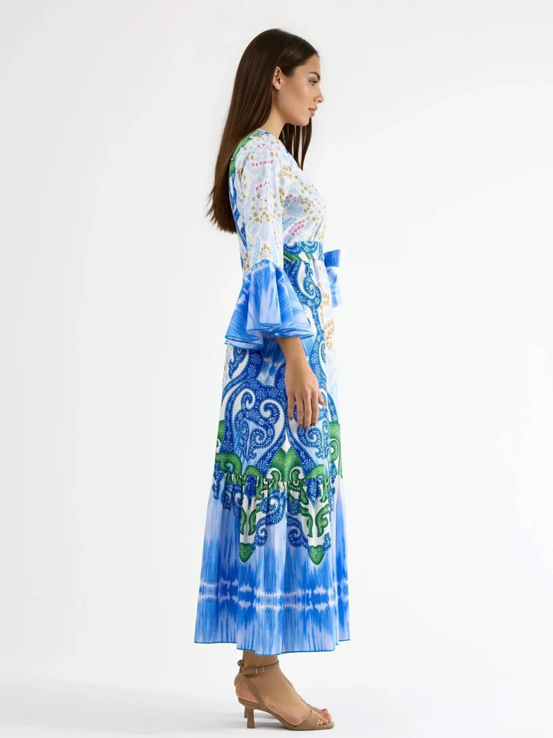 جينيفر Frilly Paisley V-neck Maxi Dress