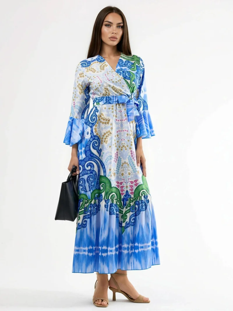 جينيفر Frilly Paisley V-neck Maxi Dress
