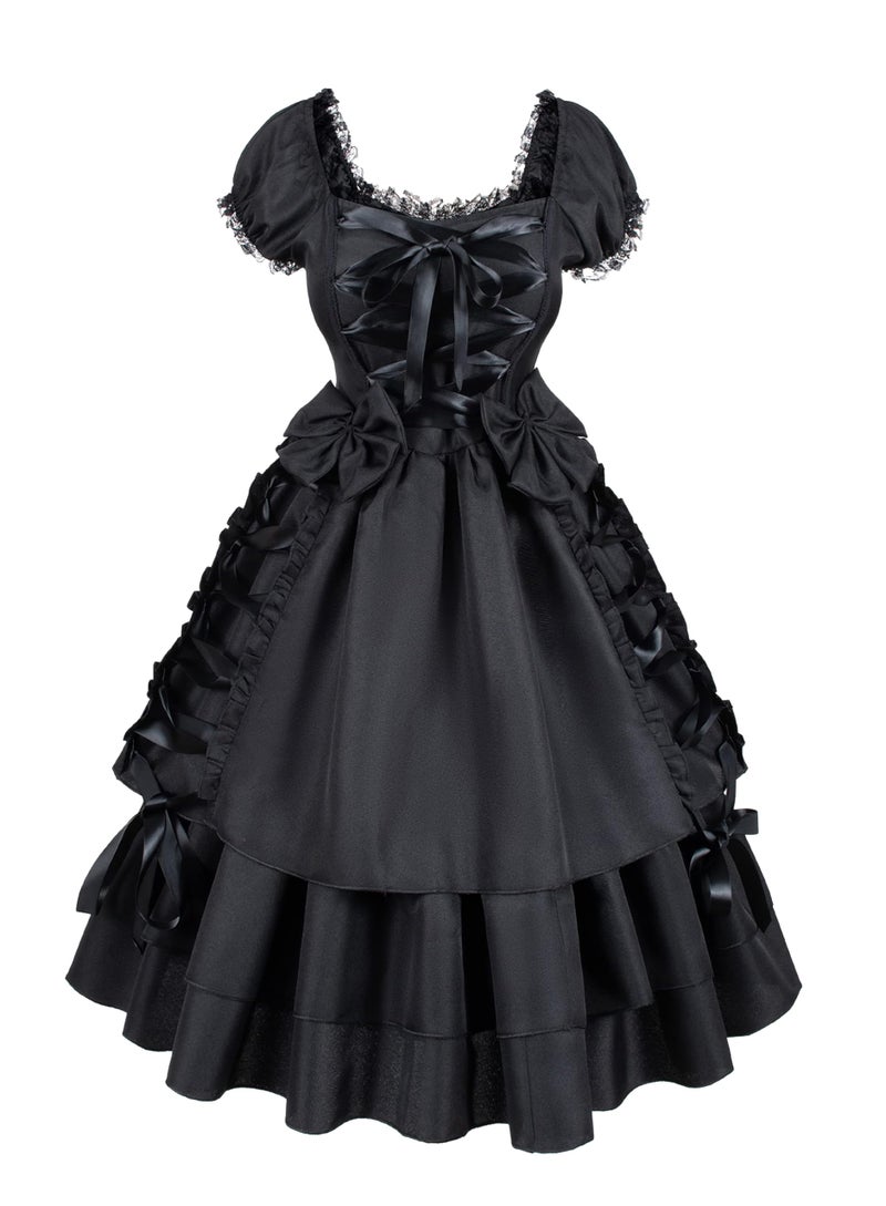 GOLDSTITCH Womens Gothic Lolita Dress Classic Black Layered Lace-up Fancy Dress Costume - Image 1