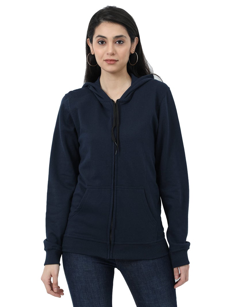 Wafaa Women's Cotton Plain Hooded Neck Full Zipper Navy Blue Color Sweatshirt Regular Fit Hoodies with Kangaroo Pocket (X_Large Size) - Image 1
