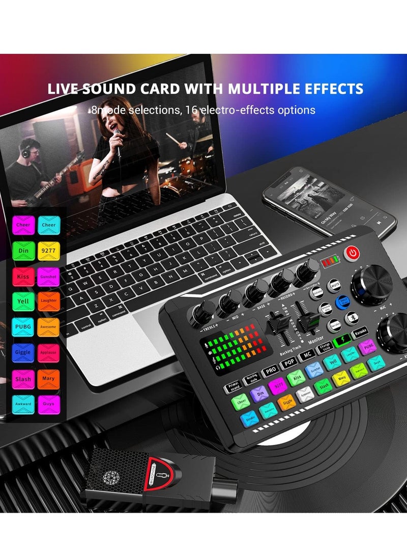 BORTONY - Live Sound Card Audio Mixer Podcast Audio Interface with DJ Mixer 16 Special Effects Ambient Sound Voice Changer Live Broadcast Sound Card Intelligent Noise Reduction Sound Card for Studio Recording Model F998 - Image 1